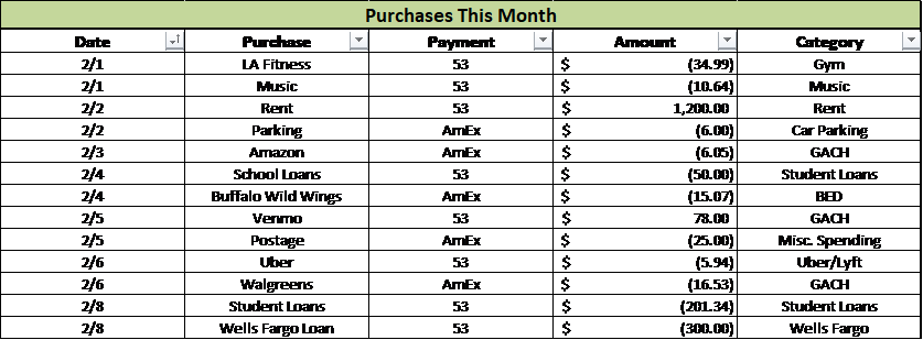monthly purchases charted in Excel