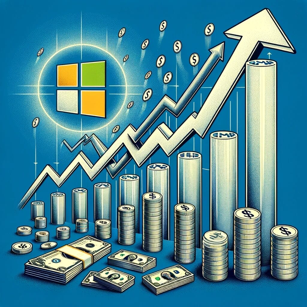 A graph of stacks of coins and stacks of money and microsoft logo ai generated