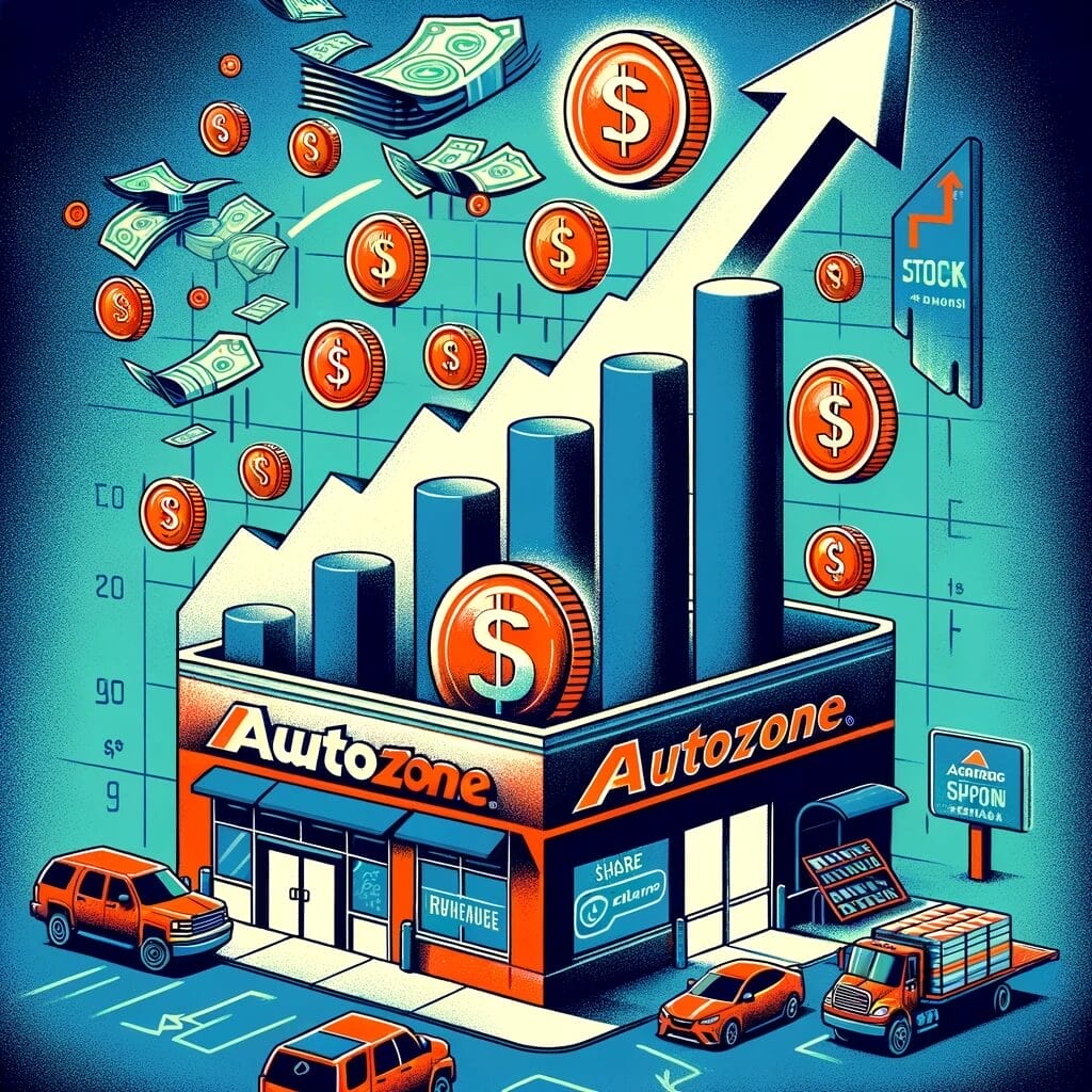 A graph with coins and money falling onto an autozone store ai generated