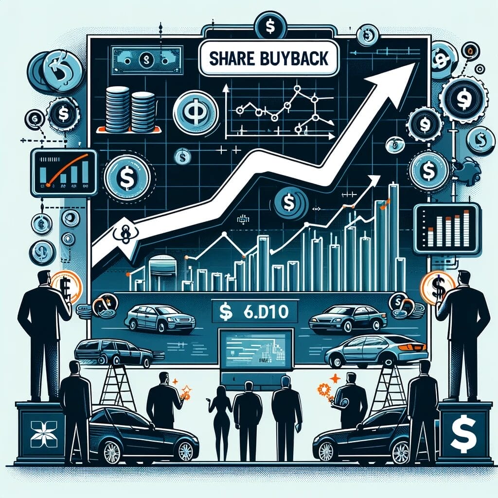 Share buyback written above graphw tih coins and money and people and cars ai generated