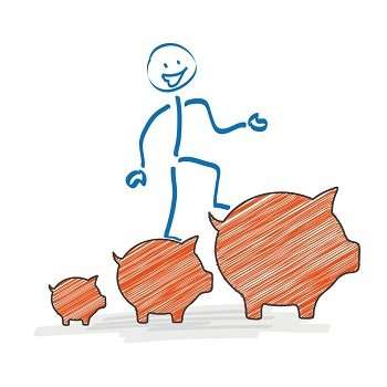 a stick figure stepping on progressively larger piggy banks