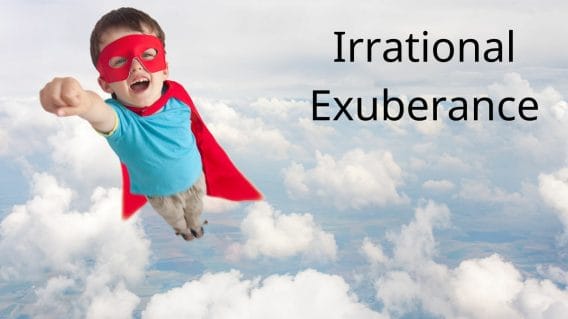 irrational exuberance. child flying through clouds with cape