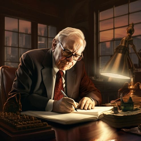 Warren Buffett sitting at a desk writing in a book

