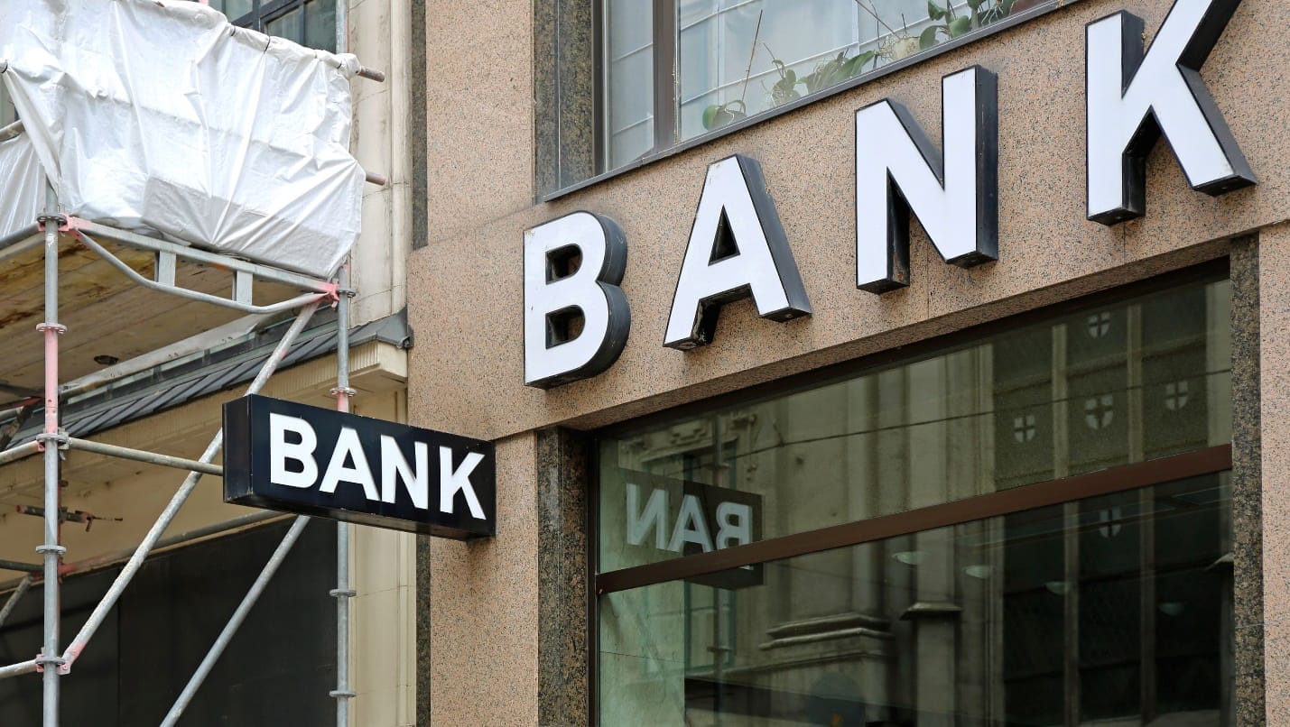 a bank with a sign saying bank