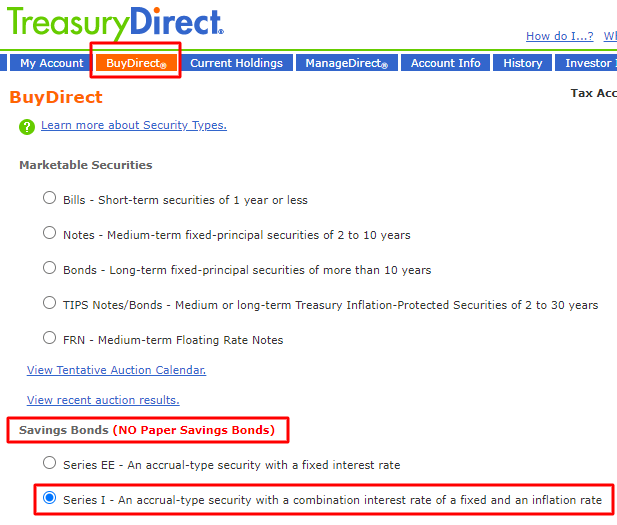 treasury direct selecting series I bond for purchase
