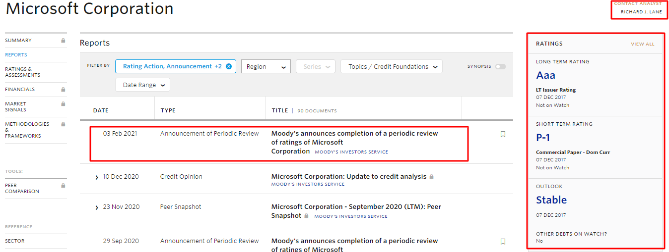 microsoft corporation on moody's