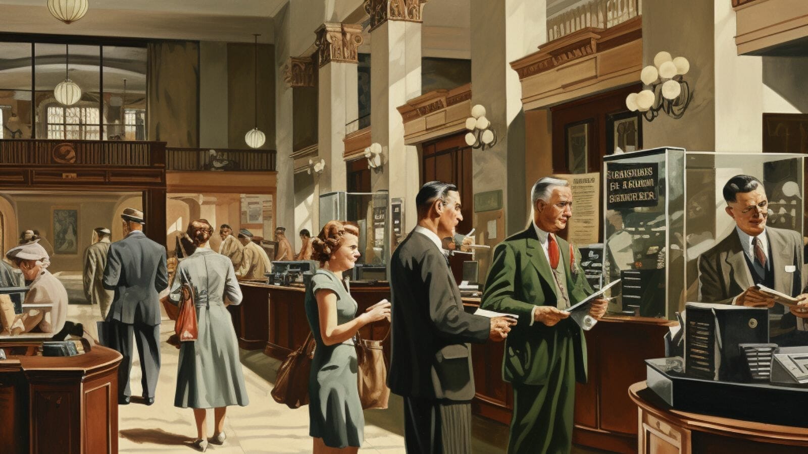A group of people in a bank

