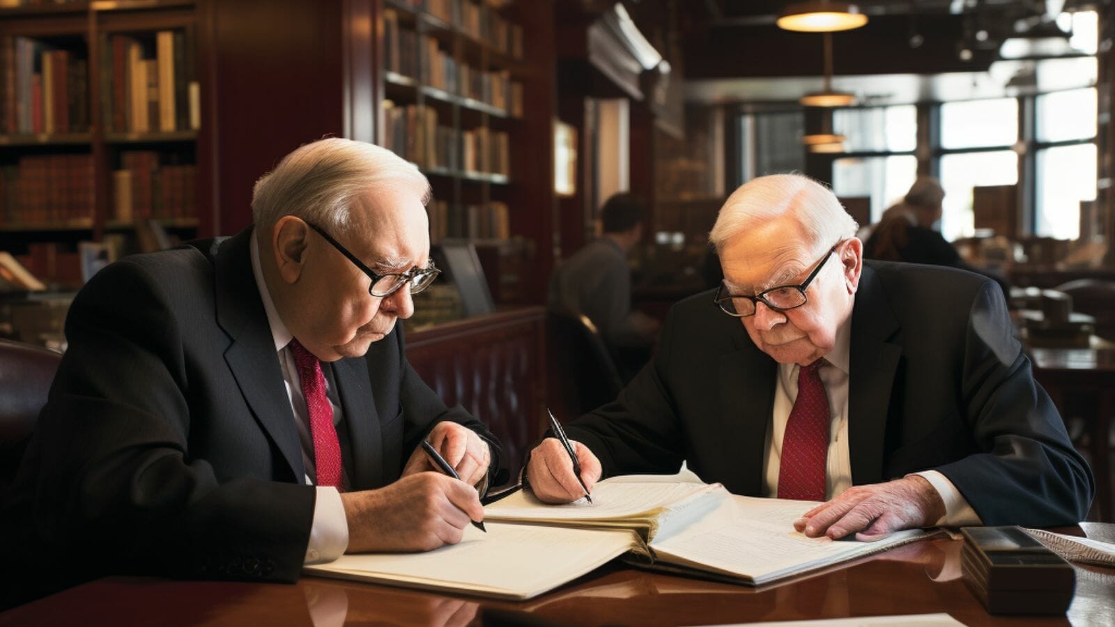 Warren Buffett and Charlie Munger sitting at a table writing on papers

