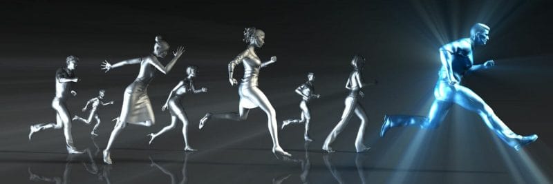 a group of people running, with a figure with a decided physical advantage