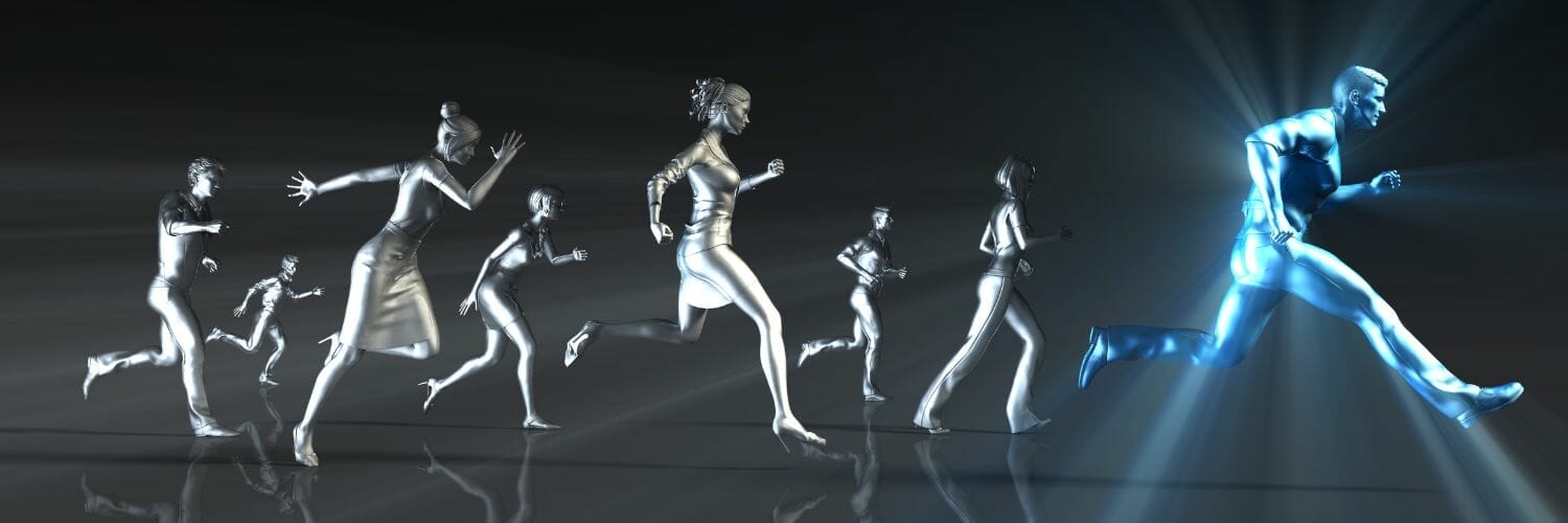 a group of people running, with a figure with a decided physical advantage