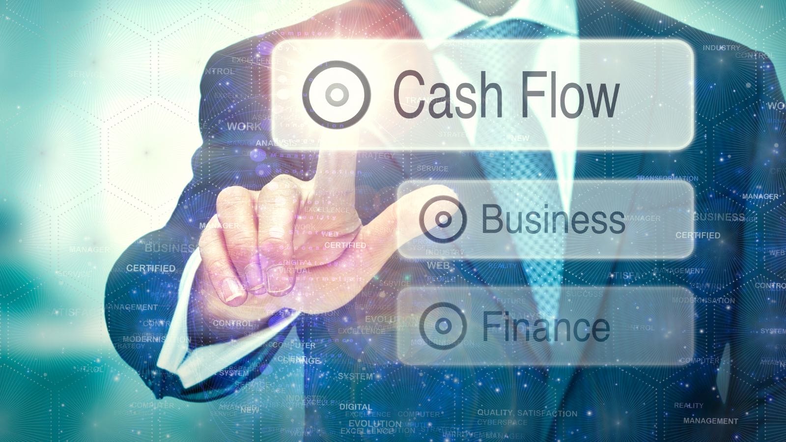 a person choosing cash flow from a list of cash flow, business, and finance on a touch screen