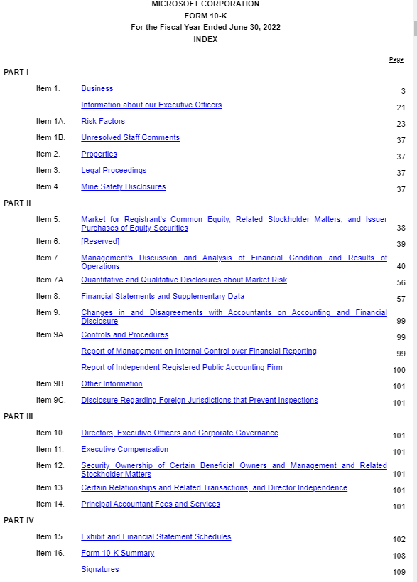 Microsoft 10-k table of contents