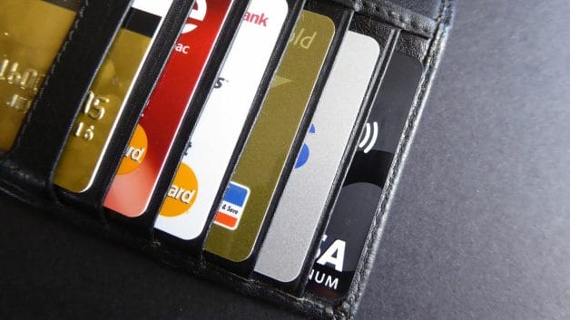 A close-up of several credit cards