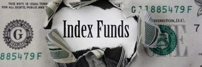 index funds text breaking through dollar bill