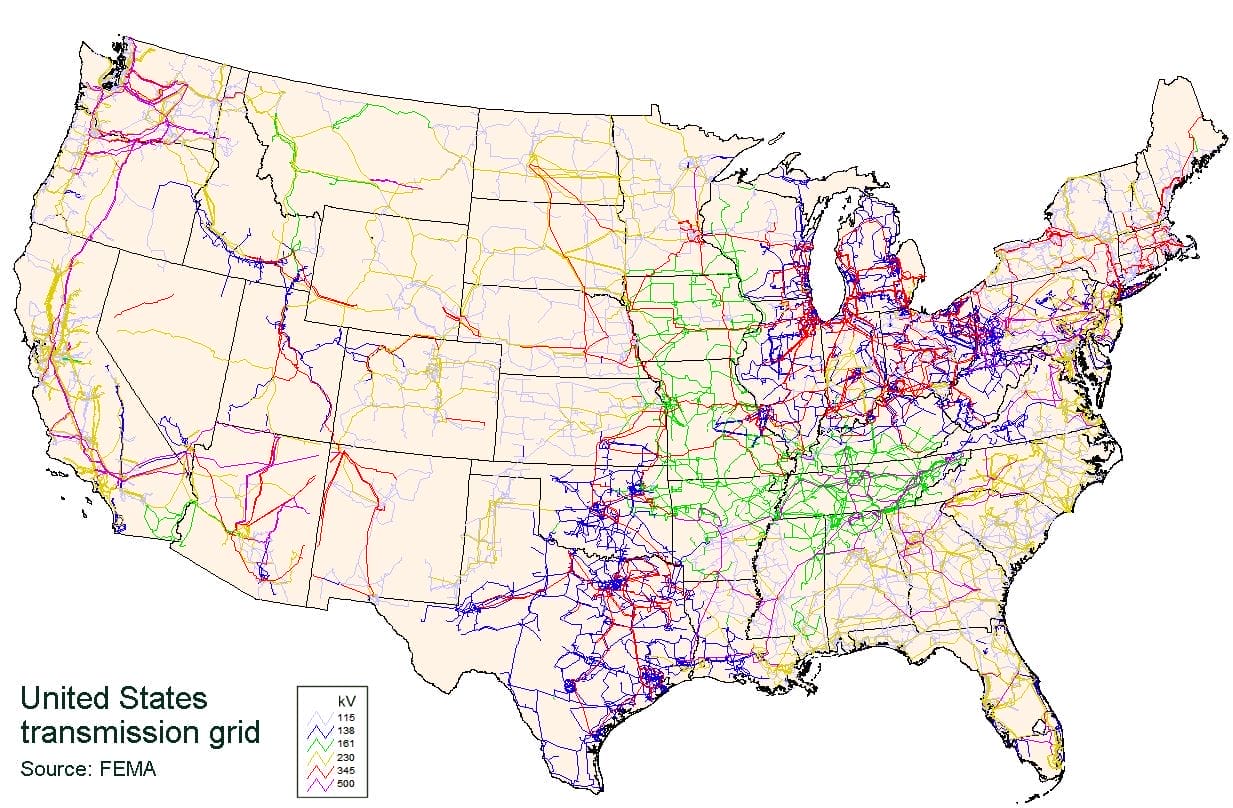 map of US electricity transmission grid