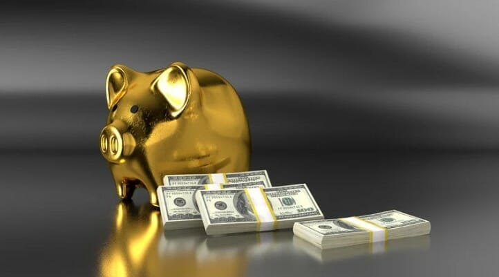 gold pig with money next to it