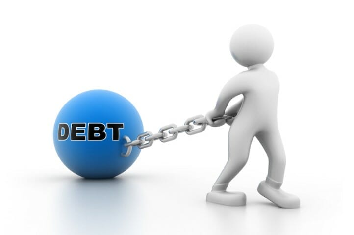 person carrying weight of debt with chain