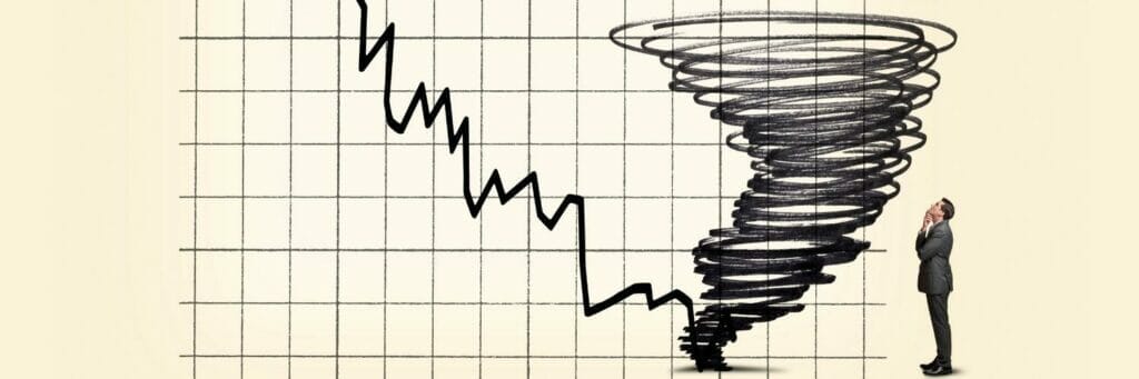 hurricane of lines coming from stock chart line with person staring up at it
