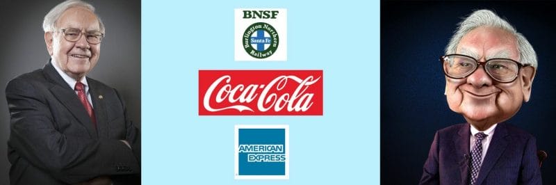 picture of warren buffett with icons of his best investments, coke, american express, and BNSF