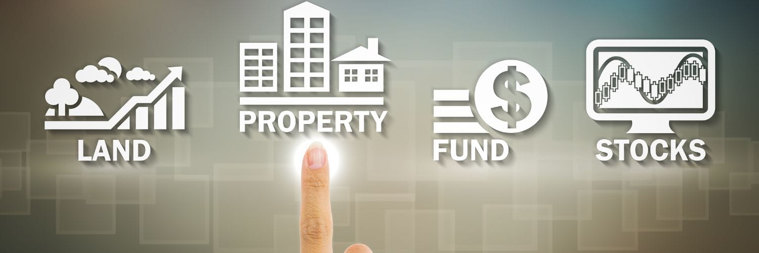 a picture of different assets including land, property, fund, and stocks, with a finger choosing property