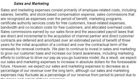 screenshot of notes section of Cloudflare financials highlighting the definition of SG&A