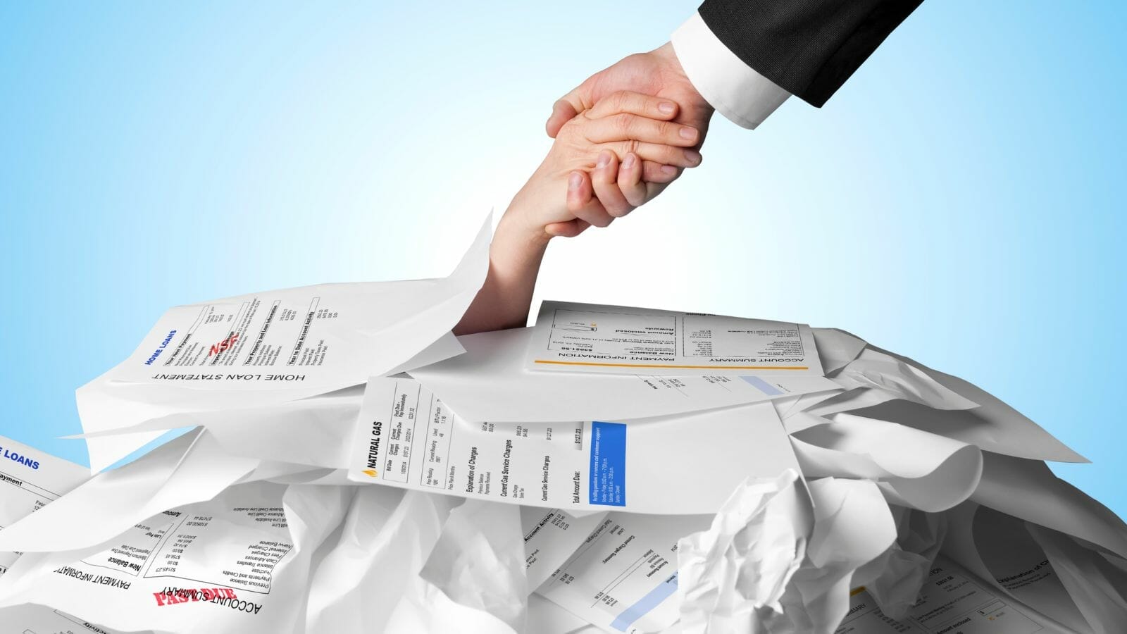 person pulling another person out of a pile of papers

