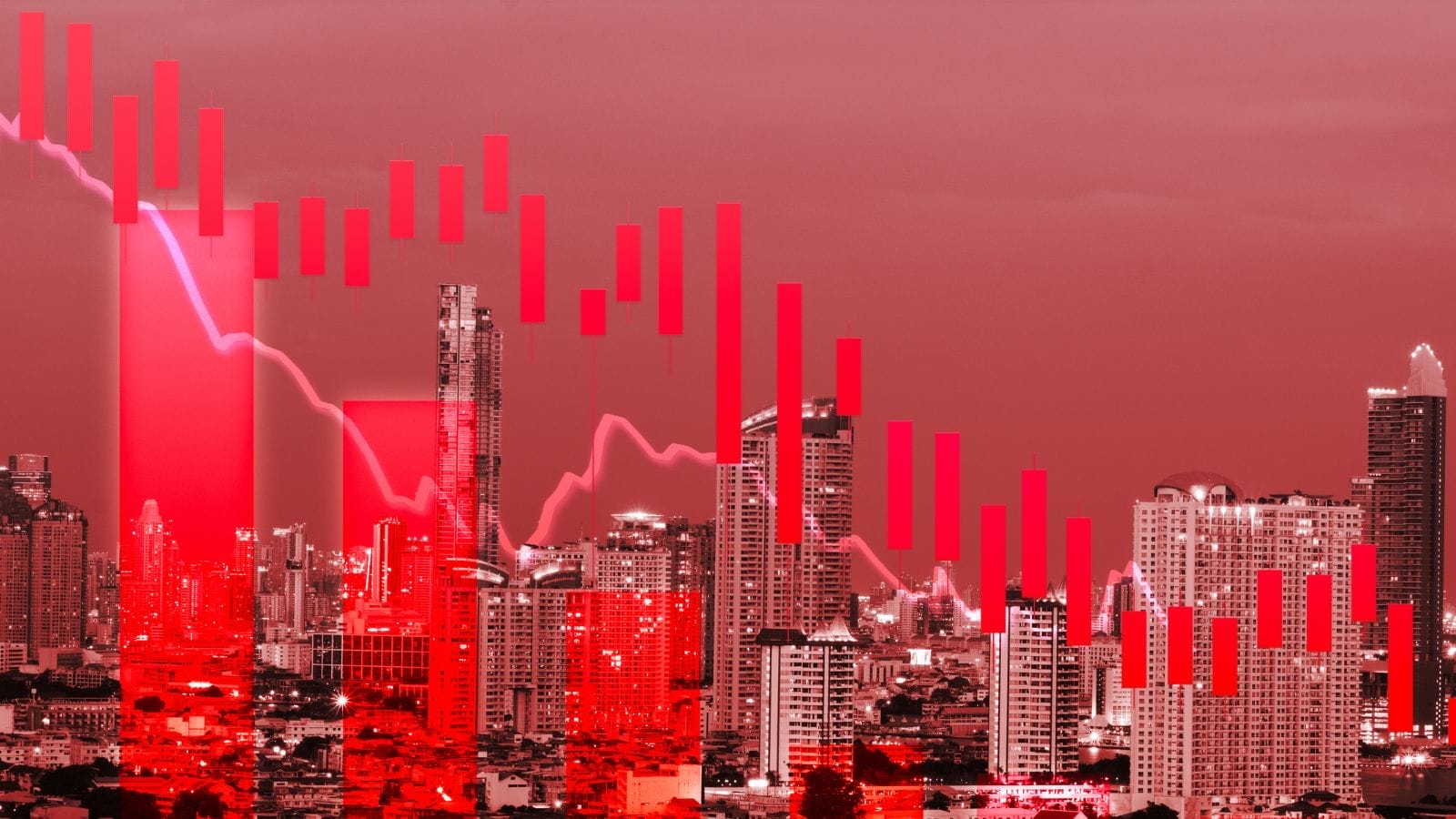 A city skyline with red graph

