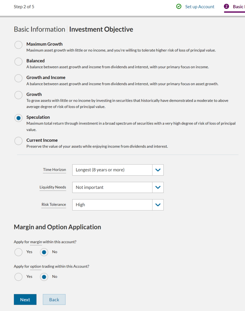 selecting investment objective on ally website