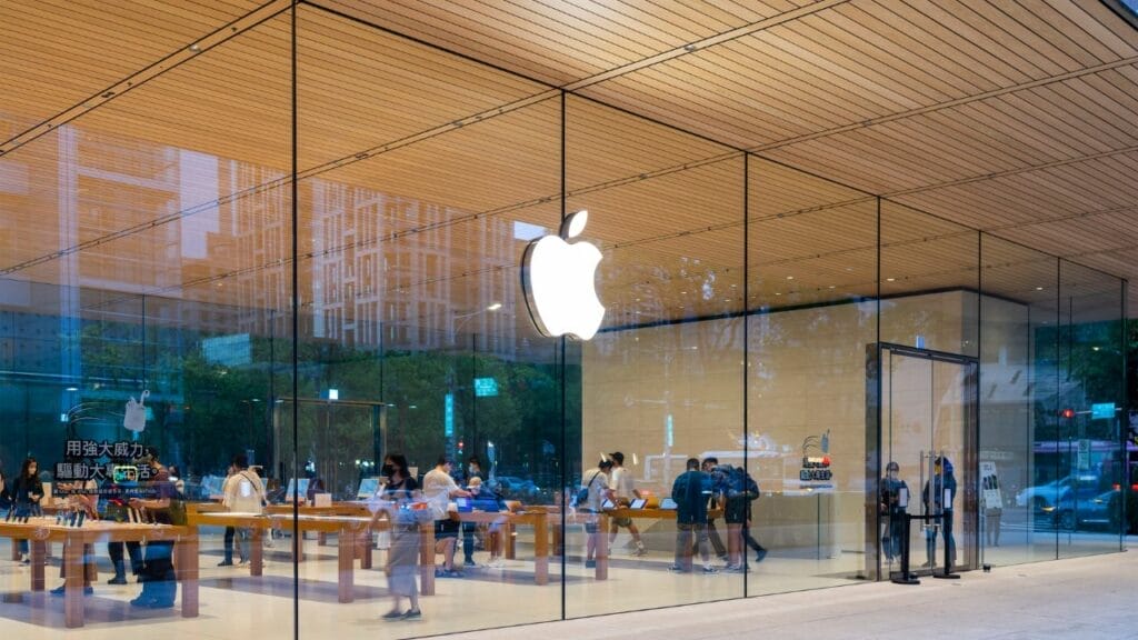 An apple store with customers inside