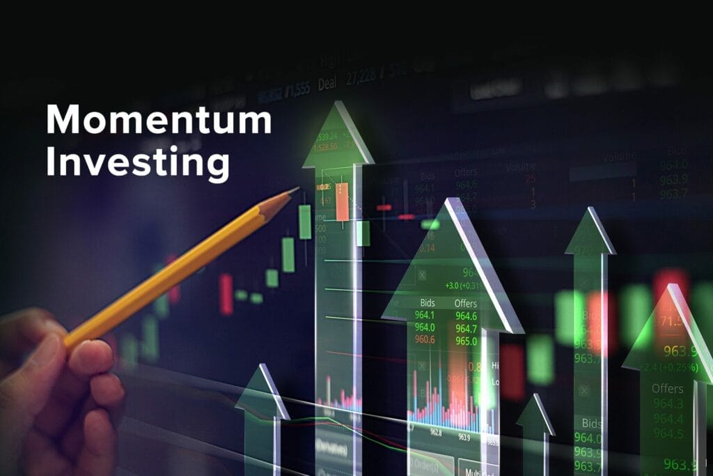 a pencil pointing at a stock chart with up arrows on it and the text momentum investing