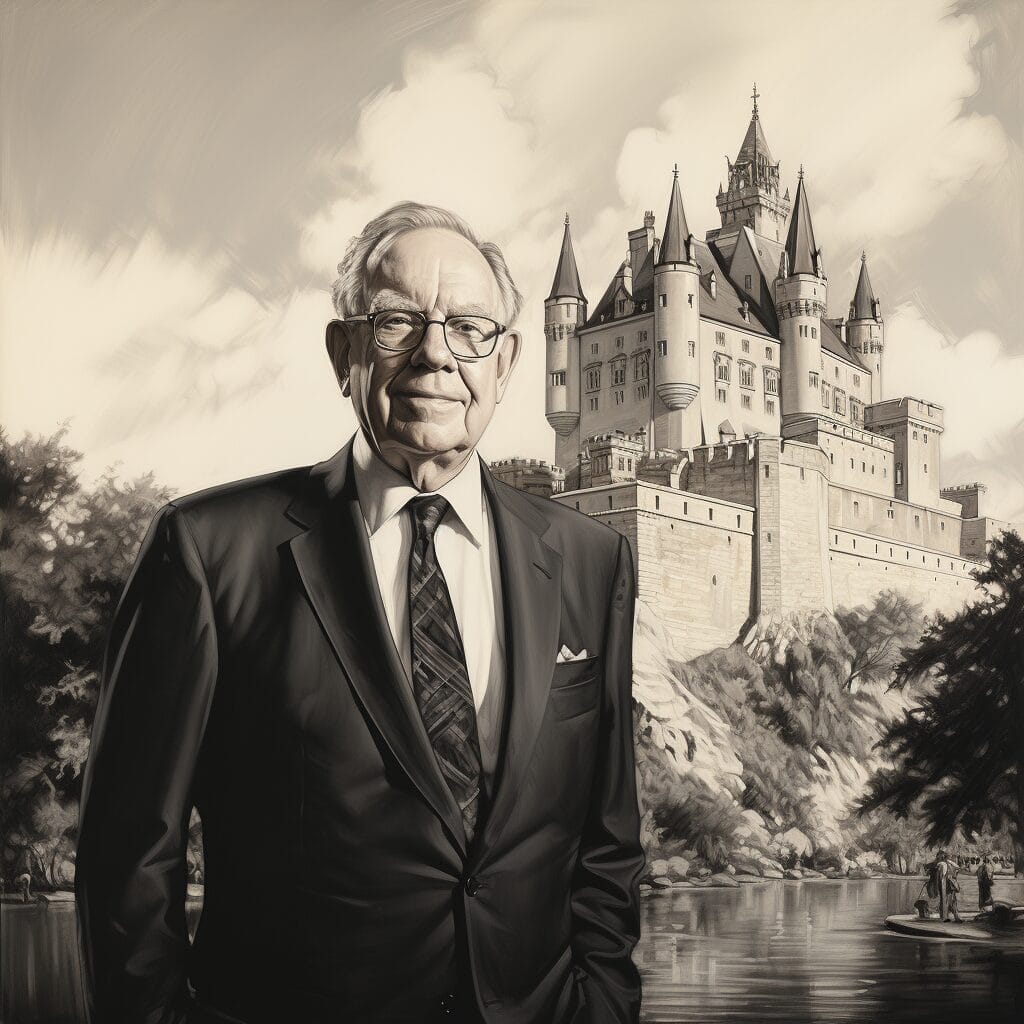 Warren Buffett, in a suit and tie, standing in front of a castle.