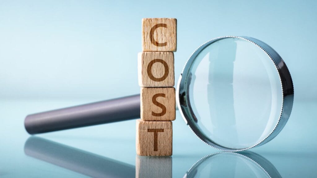 a magnifying glass behind a stack of blocks spelling "COST"